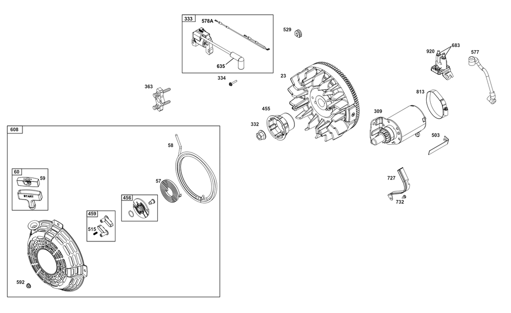 Flywheel, Ignition, And Starter Group Diagram and Parts List for 305447-0337-G1 200000 - 399999 Briggs and Stratton Engine